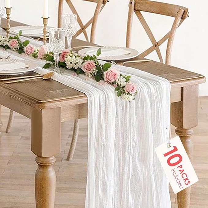 10 Pack White Cheesecloth Table Runner 35x120Inch, 10FT Long Summer Boho Sheer by BlueTopCoLtd