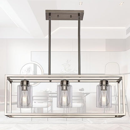 XILICON Dining Room Lighting Fixtures Hanging Farmhouse Brushed Nickel 3 Light Modern Pendant Lighting Contemporary Chandeliers with Glass Shade for Living Dining Room Bedroom Kitchen Island