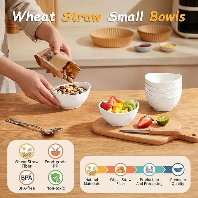 Wheat Straw Bowls Set of 6, Unbreakable Small Plastic Bowls 10oz, Small Serving - Image 3