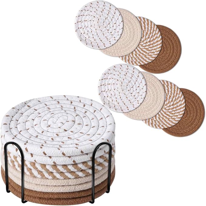 Drink Coasters 8 Pack with Holder, 4-Color Cotton Woven Absorbent Coasters Set by Brillirare