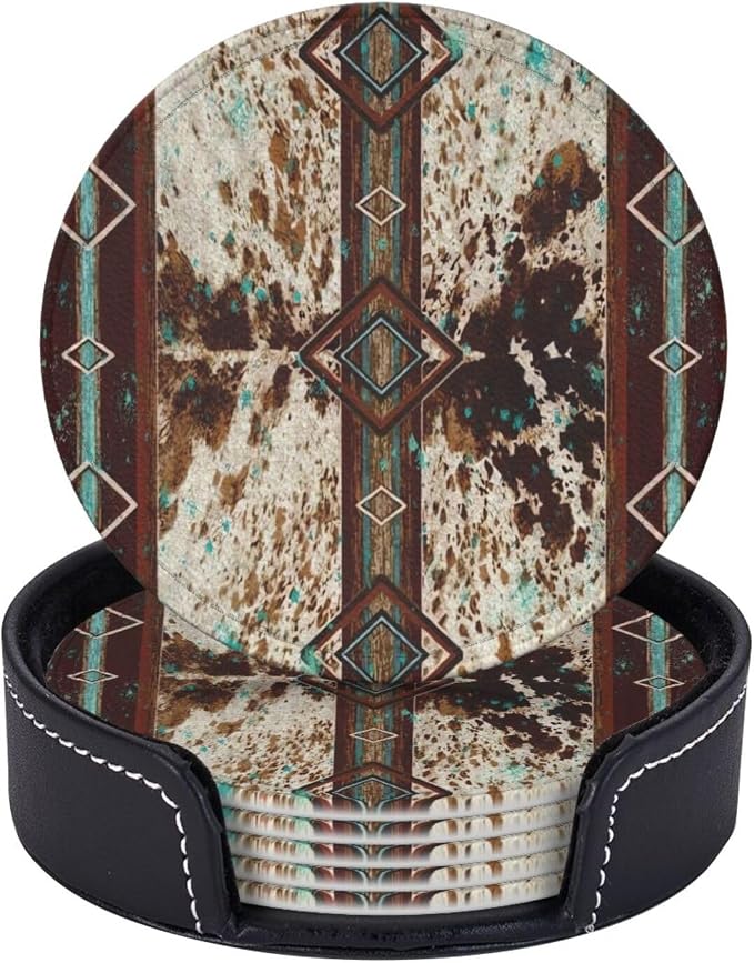 6 Pcs Cowhide Print Western Leather Coasters by Jfniub