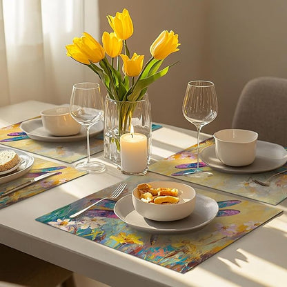 Dragonfly Placemats Set of 6, Dragonfly Flower Table Mats, Floral Washable Place Mats for Coffee Bar Home Party Indoor Kitchen Dining Table Decoration 12x18 Inch
