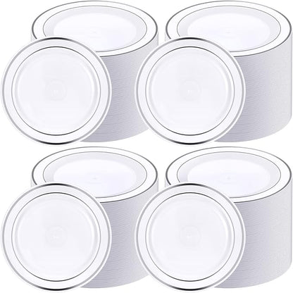 Sieral 200 Pieces Disposable Plates Plastic Party Plates with Rim Hard Plastic Appetizer Salad Dessert 7.5 Inch Elegant Heavy Duty Tableware for Dinner Wedding Party Supplies(Silver Rim)
