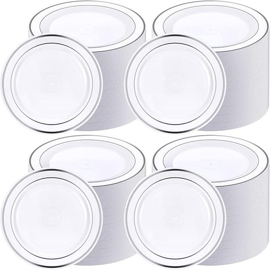 Sieral 200 Pieces Disposable Plates Plastic Party Plates with Rim Hard Plastic Appetizer Salad Dessert 7.5 Inch Elegant Heavy Duty Tableware for Dinner Wedding Party Supplies(Silver Rim)