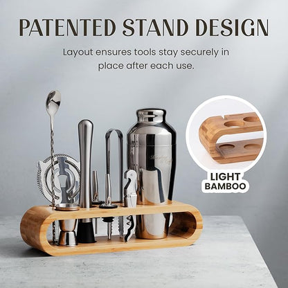 Mixology & Craft Cocktail Shaker Set with Bamboo Stand - Professional 18oz 10-Piece Bartender Kit - Complete Bar Set & Cocktail Mixer Kit for Home (Silver)