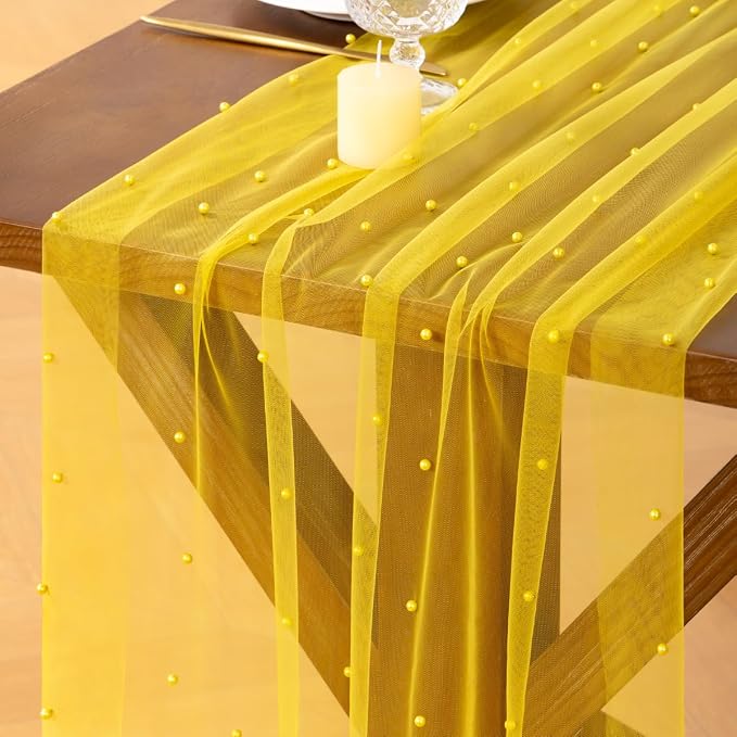 Pearl Table Runner Summer Tulle Gauze Sheer Wedding Party Home Decor | Yellow by Socomi