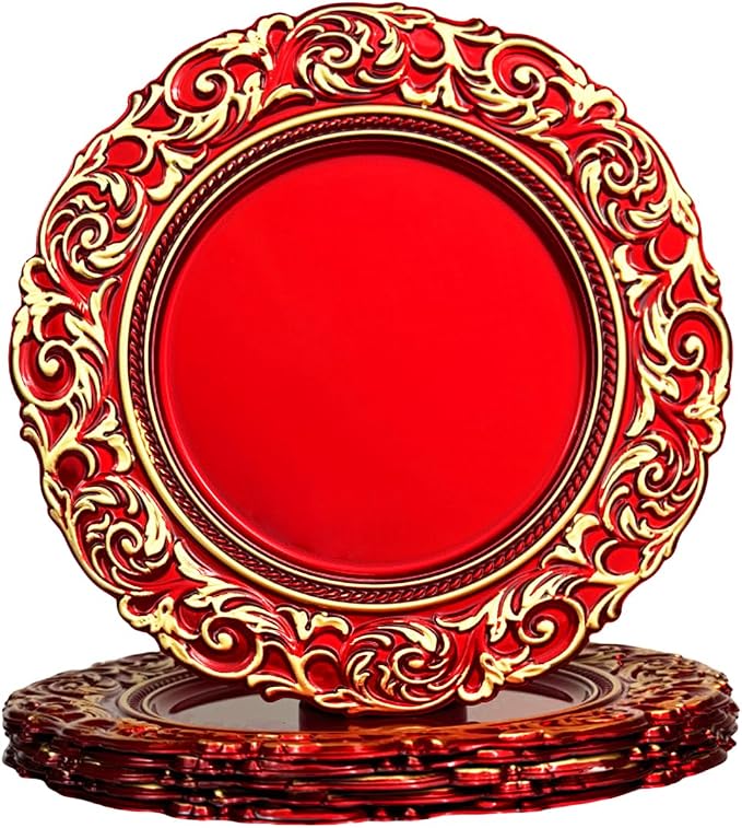 Red Charger Plates with Gold Embossed Rim, Plate Chargers by Umisriro