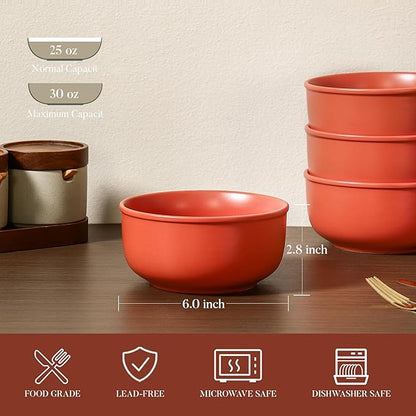 GZG 6-Inch Ceramic Cereal Bowls Set of 4, Rustic Matte Glazed Stoneware Bowls for Cereal, Soup, Salad & Snacks, 30 oz Capacity, Microwave & Dishwasher Safe(Terracotta Blush)