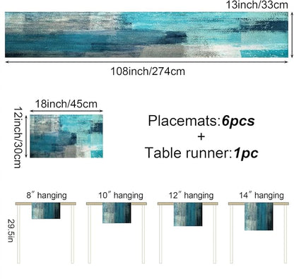 Turquoise Abstract Modern Table Runner and Placemats Set of 6 | Long Teal Blue - Image 4