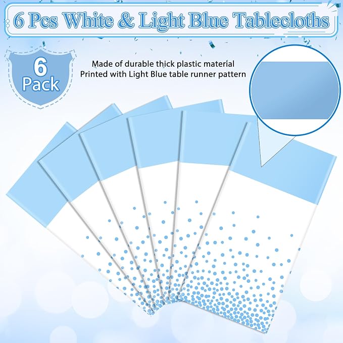 MASHAN 6Pcs White and Light Blue Polka Dot Plastic Rectangular Tablecloths - Image 4