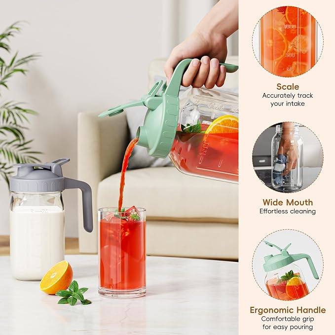 Glass Pitcher with lid, 64 oz Wide Mouth Mason Jar | Dual leak-proof lid - Image 4