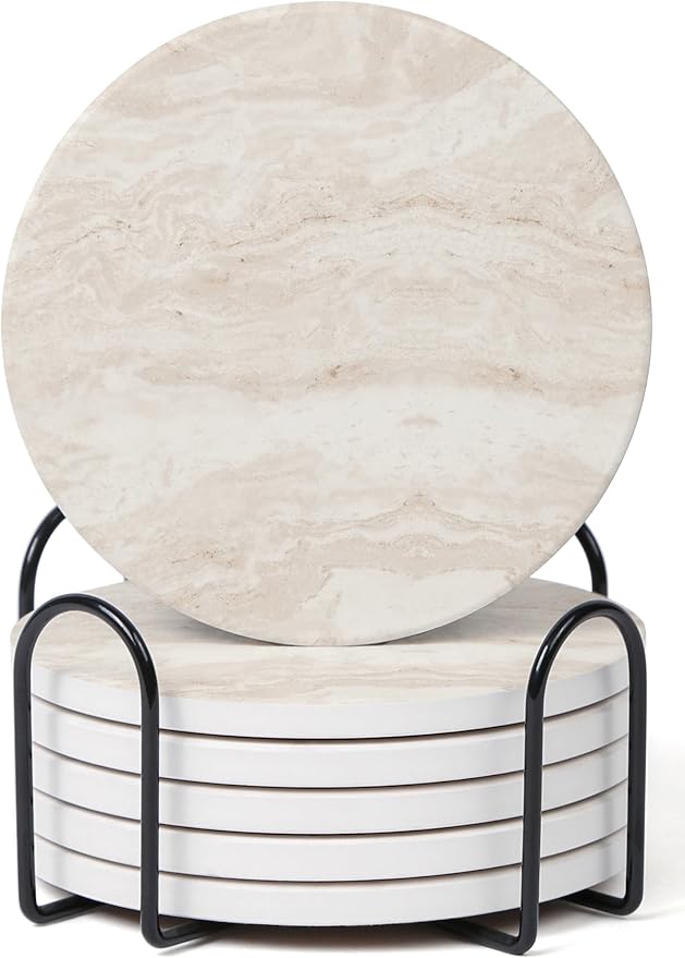 Set of 6 Light Beige Abstract Onyx Marble Coasters by Hoomey