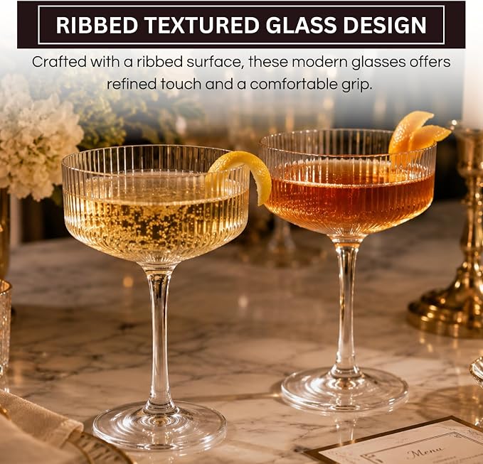 Khen Acrylic Ribbed Coupe Glasses, 8oz Clear Shatterproof Plastic Martini - Image 3