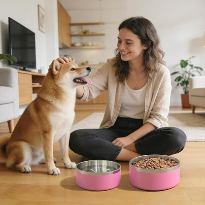 IKITCHEN Dog Bowl for Food and Water, 64 Oz Stainless Steel Pet Feeding Bowl, Durable Non-Skid Double Wall Insulated Heavy Duty with Rubber Bottom for Medium Large Dogs (64 Ounces/8 Cup, Pink)