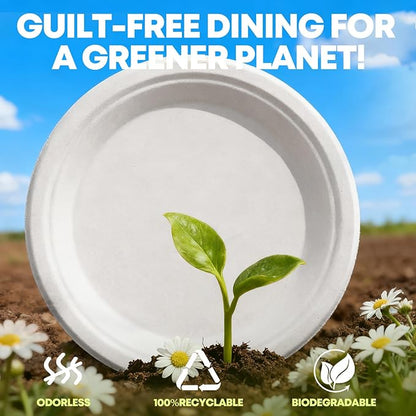 W&Y 100 Pack 9 Inch Paper Plates, Heavy-Duty Dinner Plates, Cut Resistant & 100% Compostable Disposable Paper Plate,Leak Proof & Microwave Safe for Parties, Weddings, Catering Events