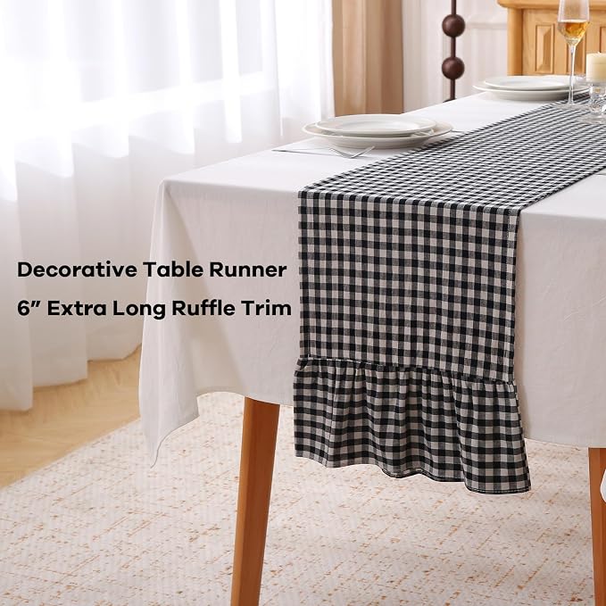 Black White Plaid Gingham Ruffle Table Runner 108 inches Long 100% Washed - Image 3