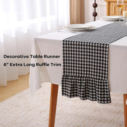 Black White Plaid Gingham Ruffle Table Runner 108 inches Long 100% Washed - Image 3