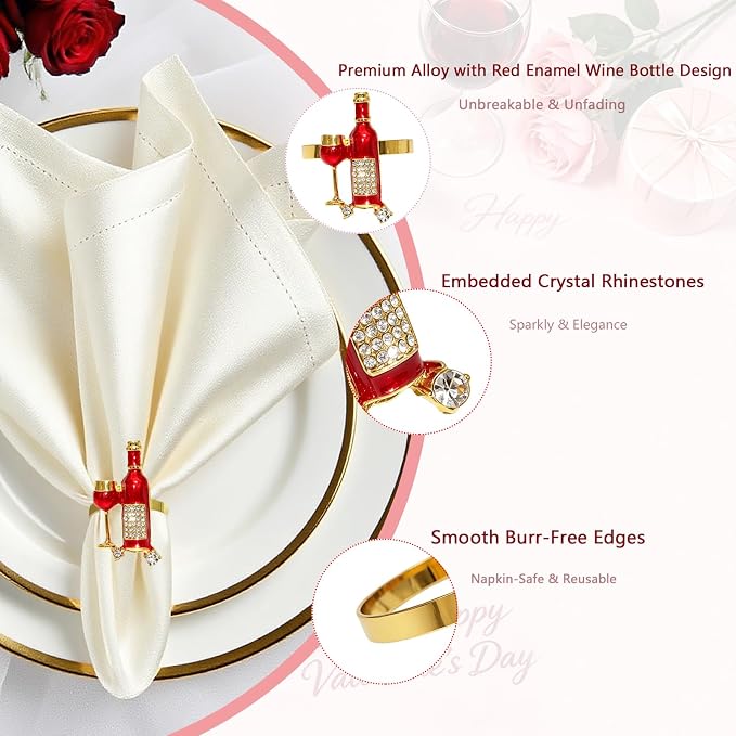 Christmas Napkin Rings Set of 12 Sparkly Rhinestone Red Wine Bottle Napkin - Image 5