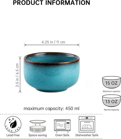 Henten Home Ceramic Salad Bowl Set, 15 OZ Cereal Bowls Set of 4, Porcelain Rice Bowls for Kitchen, Reactive Glaze Serving Soup Bowls for Snack, Pasta, Microwave Safe (Aqua)