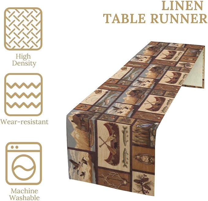 Retro Rustic Style Table Runner, Vintage Moose Deer Bear Leaf Tree Country - Image 4