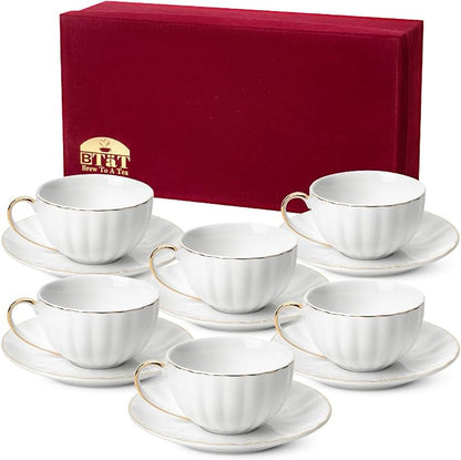 BTaT- Cappuccino Cups with Saucers 7 oz with Gift Box, Dishwasher Safe by BrewToATea