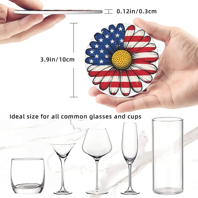 Patriotic American Flag Daisy Floral Leather Coasters Set of 6 - Image 5