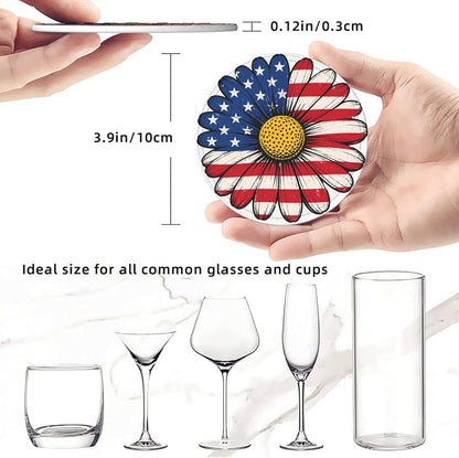 Patriotic American Flag Daisy Floral Leather Coasters Set of 6 - Image 5