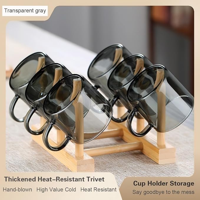 Kung Fu 6 Pcs Small Glass Tea Cup + Holder Set in Smoky Gray, Bamboo Wood - Image 8