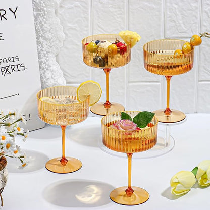 24 PCS Ribbed Coupe Glasses Amber Plastic Champagne Coupe Cup 10oz Detachable Gold Rim Espresso Martini Glass Vintage Margarita Glassware Cocktail Glass Disposable for Thanksgiving Wedding