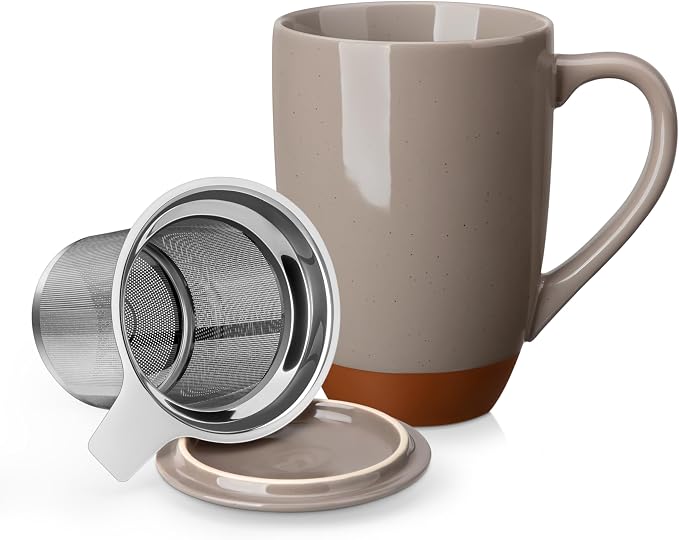 MALACASA Ceramic Tea Mug with Lid and Stainless Steel Infuser, 18 oz Large Tea by MALACASA