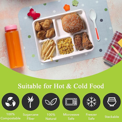three leaf 5 COMPARTMENT BAGASSE (SCHOOL) TRAY 50 Ct. Heavy-Duty- Super Strong- Natural- Eco-Friendly Disposable Bagasse Plates, 100% Biodegradable 5 Compartment meal Plates