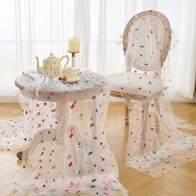 BINBE 3pcs Ivory Daisy Spring Table Runner Embroidery Gauze 10FT Florals - Image 5