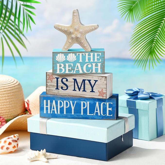 Moucuny 4 Pcs Summer Table Decoration Beach Tiered Tray Decor Starfish Coastal - Image 3