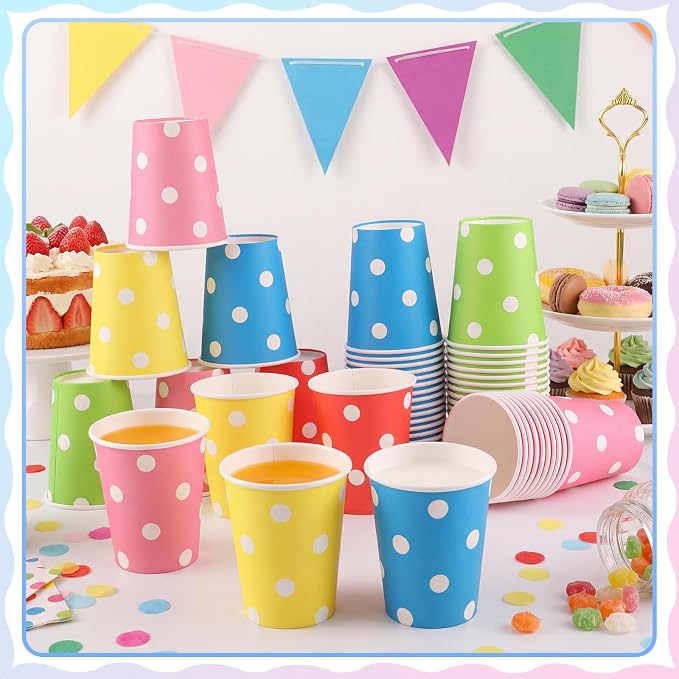NatNarr 100 Pack Rainbow Polka Dots Paper Cups, 9oz Colored Party Cup | - Image 6