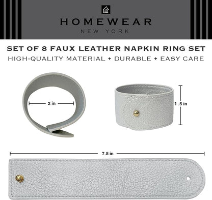 Luxury Leather Napkin Rings Set of 8, Silver, Morgan Faux Style, Modern Cuff Design for Wedding Party Decorations, Kitchen, Holiday Table,Rust Proof,Hotel, Home, Table Accessories, Dining
