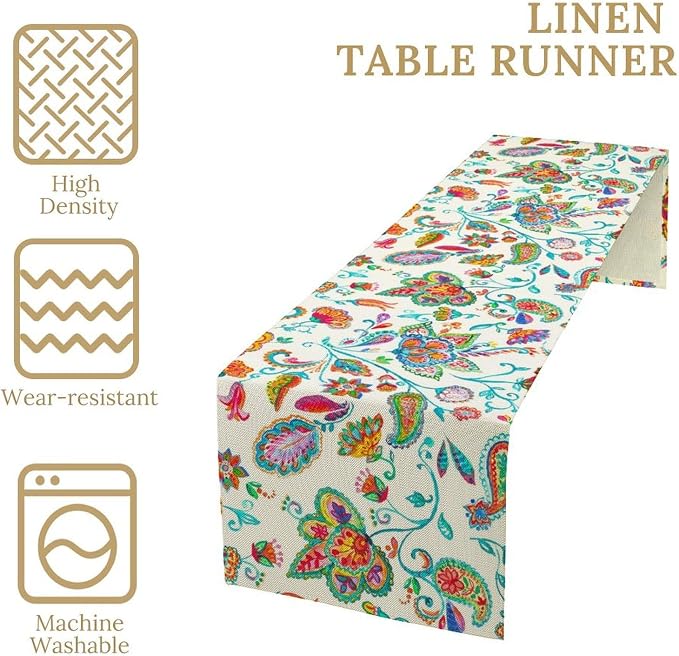 Paisley Table Runner, Watercolor Floral Oriental Indian Traditional Tulips - Image 4