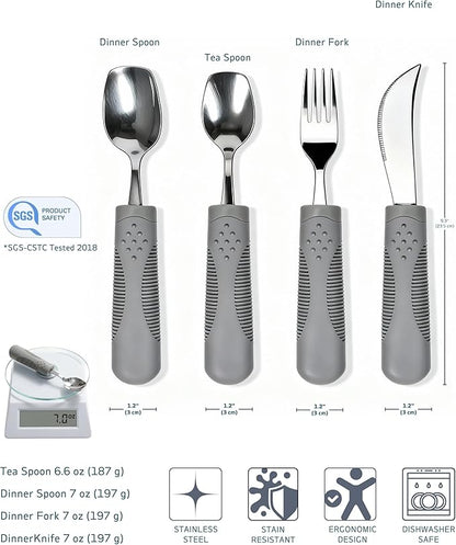 7 oz Heavy Weighted Adaptive Utensils Set with Rocker Knife - Maximum Weighted Silverware for Severe Parkinson's, Heavy Hand Tremors & Essential Tremor, Extra Stability Grip (Grey)
