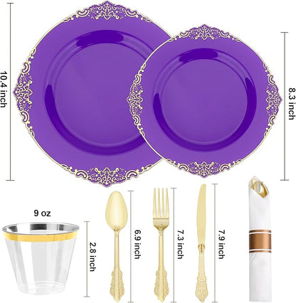 350 PCS Purple and Gold Plastic Plates, Plastic Dinnerware Set for 50 Guests, 100 Disposable Plates, 150 Silverwares, 50 Cups, 50 Napkins for Party, Wedding, Graduation