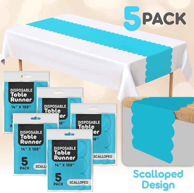 Turquoise Scallop Table Runner, Disposable Plastic, 5 Pack - Image 2