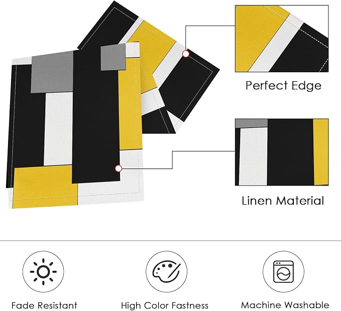 Table Runner and Placemats Set of 6, Abstract Geometric | Yellow Black Grey Art - Image 2