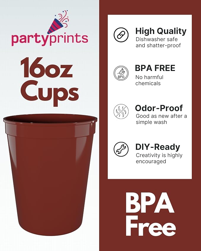 PartyPrints 100 Pack 16 oz Maroon Reusable Blank Plastic Cups, Stadium Cups - Image 2
