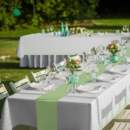 8Pack Plastic Tablecloths and Satin Table Runner Set Disposable White and Sage - Image 8