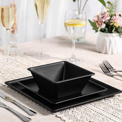 12 Piece Melamine Plates and Bowls Sets Square Dinner Set with Plates, Dishes, Bowls, Black Square Dinnerware Sets -Serving Platers for 4 Dishwasher Safe