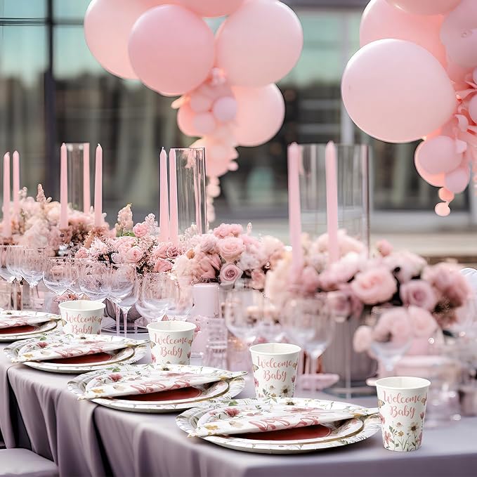 Pickmesh 250 Pcs Pink Floral Baby Shower Party Supplies Decorations Serve 50 - Image 5