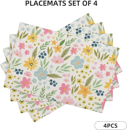 Yellow Pink Blue Floral Spring Placemats Set of 4, 12x18 Inch Watercolor Flower Decorative Table Mats Summer Seasonal Holiday Table Placemats for Party Home Kitchen Dining Table Decoration
