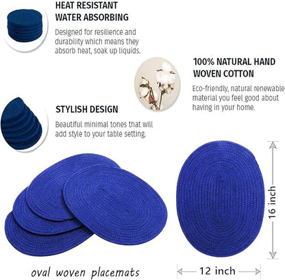 Braided Placemats Set of 6, Cotton Fabric Oval Table Mats Non Slip Washable 16 * 12 inch Oval Place Mats, 6 Pack Blue Woven Placemats