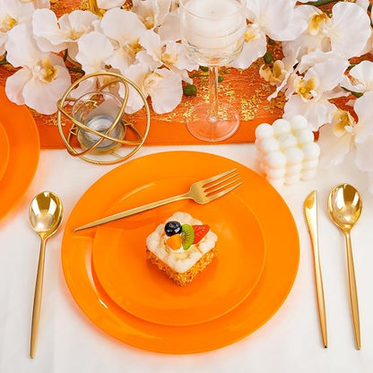 PULOTE 100PCS Orange Plastic Plates - Premium Hard Orange Disposable Include 50 Each(10.25 Inch Dinner & 7.5 Inch Dessert) Plates, Ideal for Party