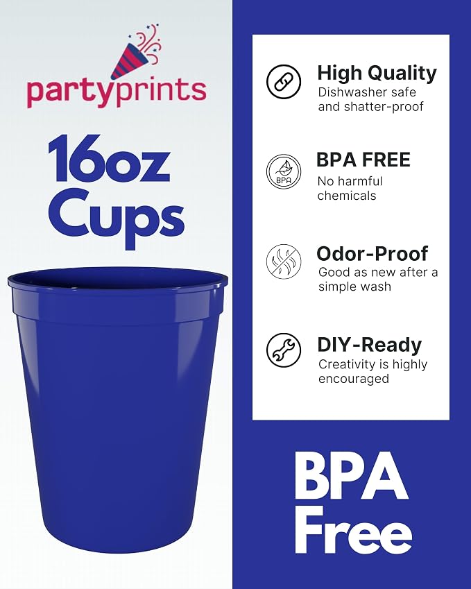 PartyPrints 10 Pack 16 oz Royal Blue Reusable Blank Plastic Cups, Stadium Cups - Image 2