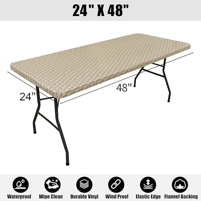 Smiry Rectangle Table Cloth Cover, Waterproof Elastic Fitted Picnic Tablecloth for 4 Foot Tables, Wipeable Flannel Backed Vinyl Tablecloths for Camping, Dining, Outdoor (Sand, 24" x 48")