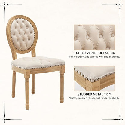 Vintage French Dining Chairs Set of 8, Round Back Velvet Upholstered Accent Chairs with Nailhead Trim and Solid Wood Frame, Elegant Sillas de Comedor for Dining Room & Kitchen, Beige
